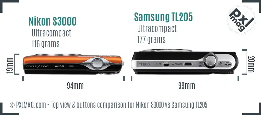 Nikon S3000 vs Samsung TL205 top view buttons comparison