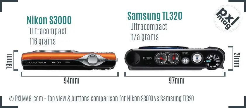 Nikon S3000 vs Samsung TL320 top view buttons comparison