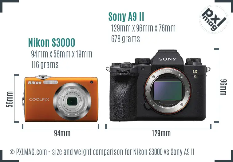 Nikon S3000 vs Sony A9 II size comparison