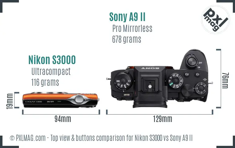 Nikon S3000 vs Sony A9 II top view buttons comparison