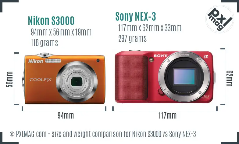 Nikon S3000 vs Sony NEX-3 size comparison