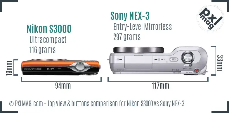 Nikon S3000 vs Sony NEX-3 top view buttons comparison