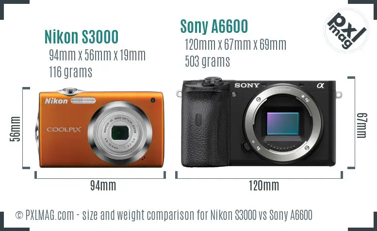 Nikon S3000 vs Sony A6600 size comparison