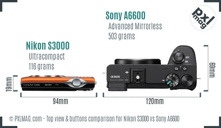 Nikon S3000 vs Sony A6600 top view buttons comparison