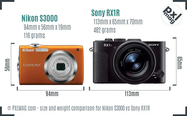 Nikon S3000 vs Sony RX1R size comparison