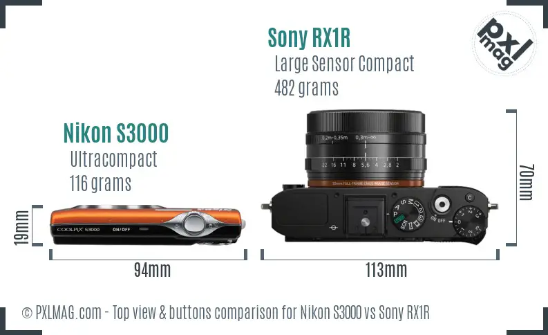 Nikon S3000 vs Sony RX1R top view buttons comparison