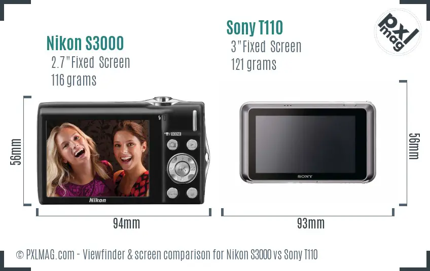 Nikon S3000 vs Sony T110 Screen and Viewfinder comparison