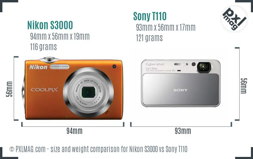 Nikon S3000 vs Sony T110 size comparison