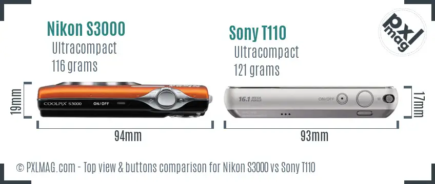 Nikon S3000 vs Sony T110 top view buttons comparison