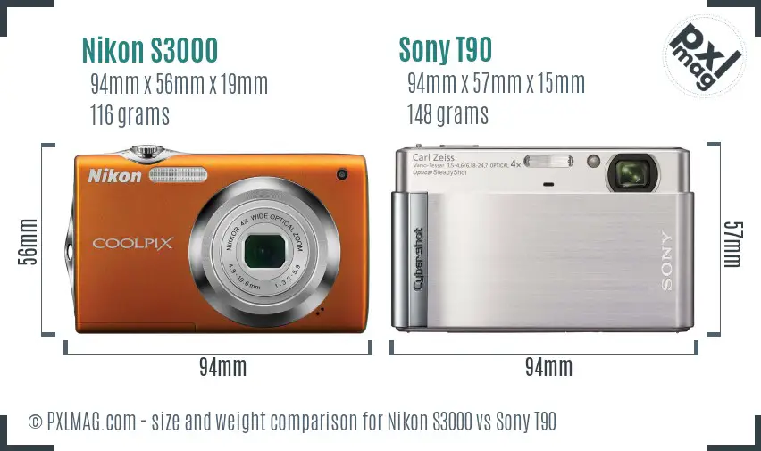 Nikon S3000 vs Sony T90 size comparison