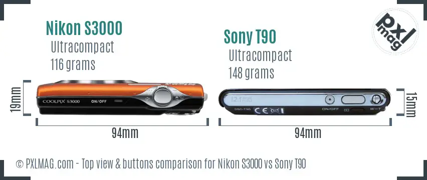 Nikon S3000 vs Sony T90 top view buttons comparison