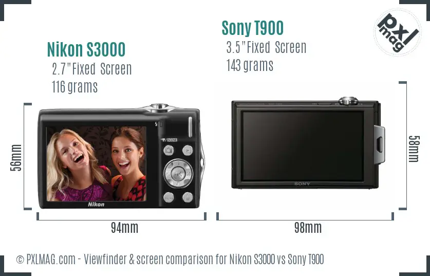 Nikon S3000 vs Sony T900 Screen and Viewfinder comparison