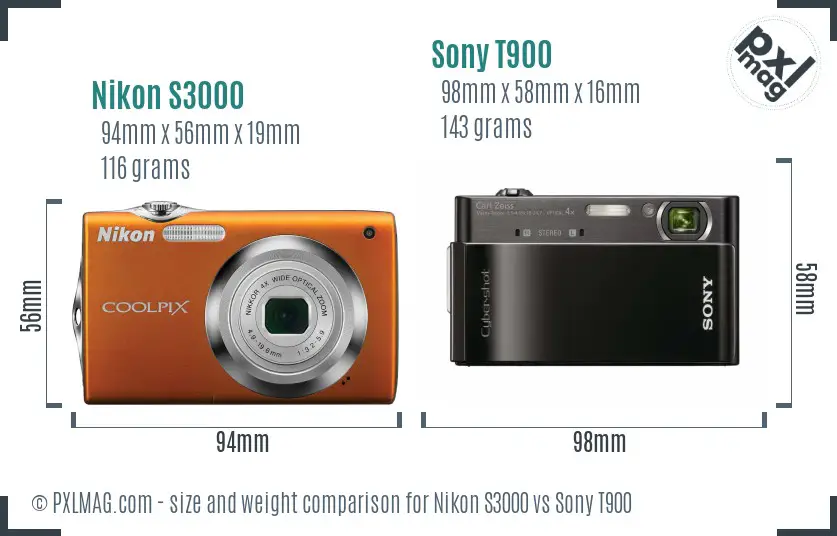 Nikon S3000 vs Sony T900 size comparison