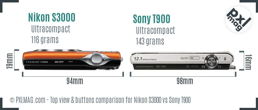 Nikon S3000 vs Sony T900 top view buttons comparison