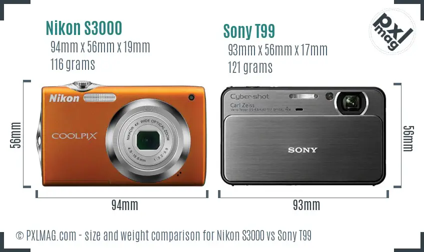 Nikon S3000 vs Sony T99 size comparison Nikon S3000 vs Sony T99 size comparison