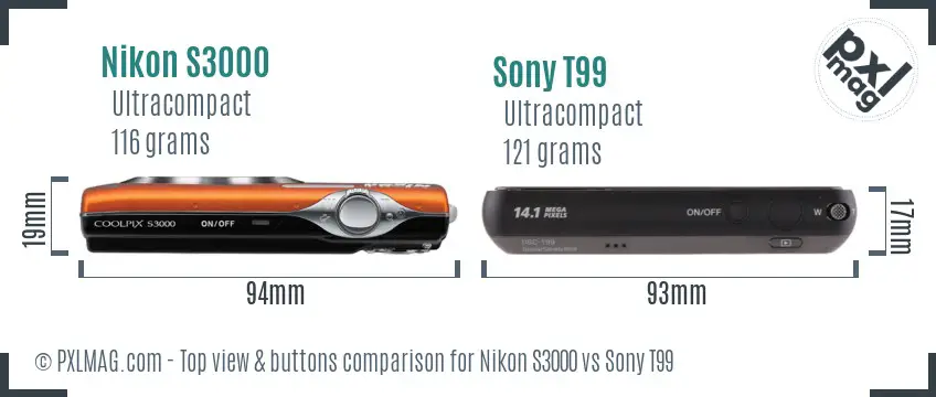 Nikon S3000 vs Sony T99 top view buttons comparison Nikon S3000 vs Sony T99 top view buttons comparison