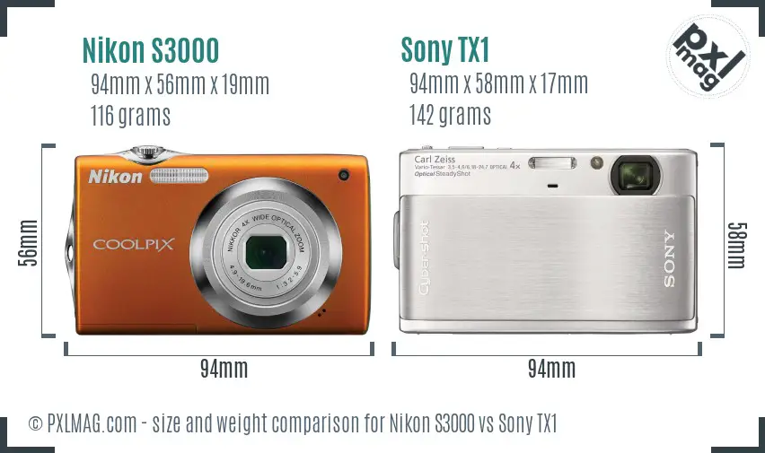 Nikon S3000 vs Sony TX1 size comparison