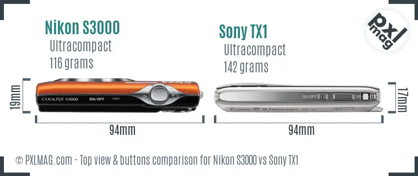 Nikon S3000 vs Sony TX1 top view buttons comparison
