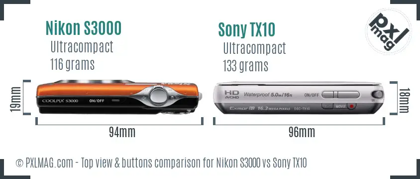 Nikon S3000 vs Sony TX10 top view buttons comparison