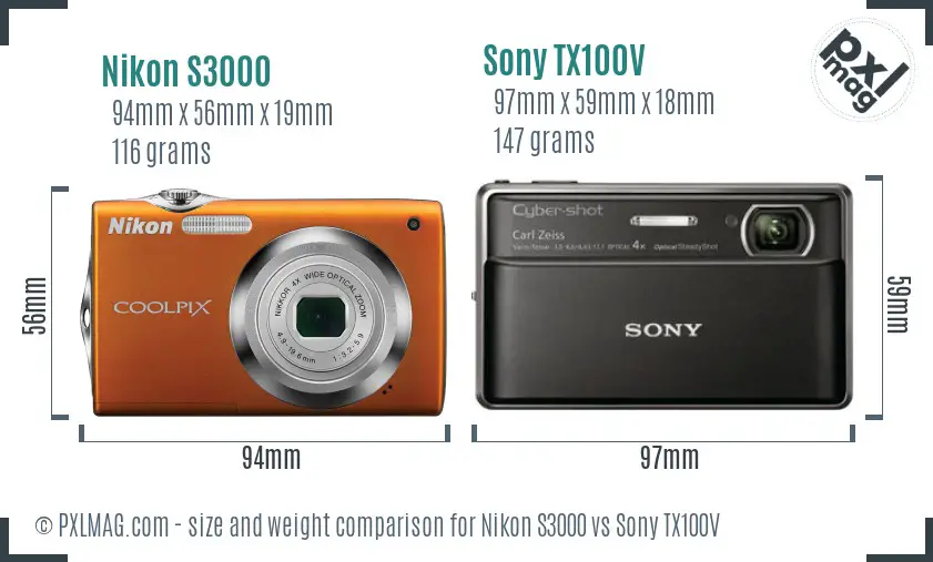 Nikon S3000 vs Sony TX100V size comparison