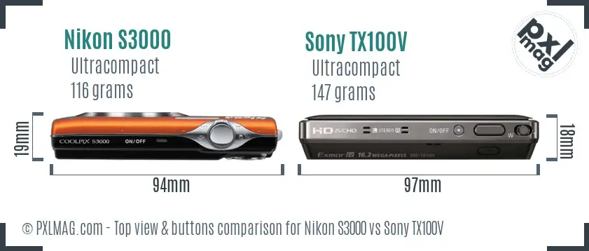 Nikon S3000 vs Sony TX100V top view buttons comparison