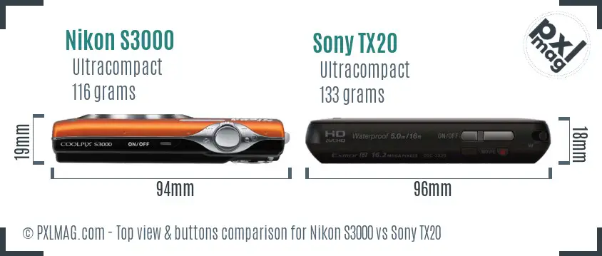 Nikon S3000 vs Sony TX20 top view buttons comparison