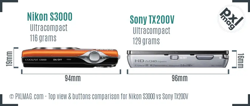 Nikon S3000 vs Sony TX200V top view buttons comparison