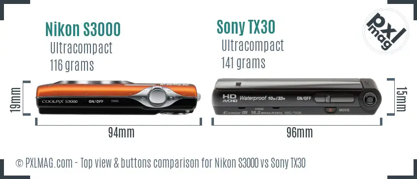 Nikon S3000 vs Sony TX30 top view buttons comparison
