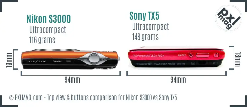 Nikon S3000 vs Sony TX5 top view buttons comparison
