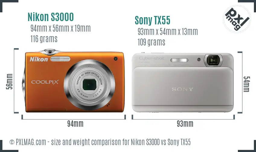 Nikon S3000 vs Sony TX55 size comparison