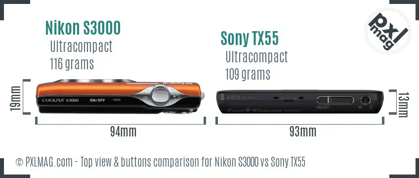 Nikon S3000 vs Sony TX55 top view buttons comparison