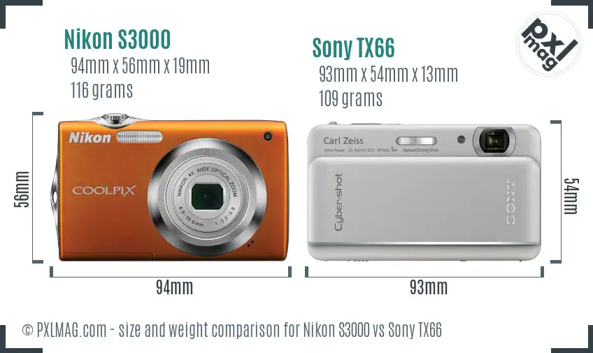 Nikon S3000 vs Sony TX66 size comparison