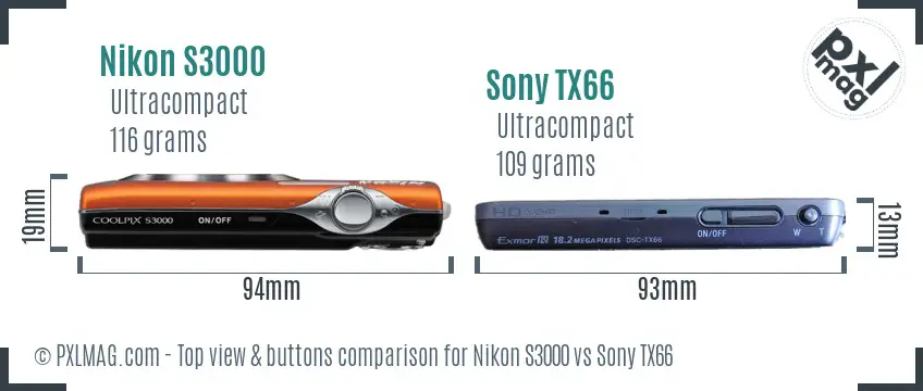 Nikon S3000 vs Sony TX66 top view buttons comparison