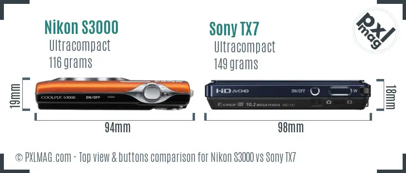 Nikon S3000 vs Sony TX7 top view buttons comparison