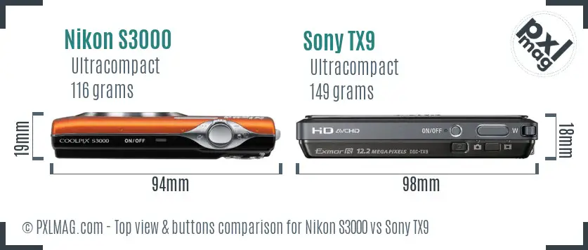 Nikon S3000 vs Sony TX9 top view buttons comparison