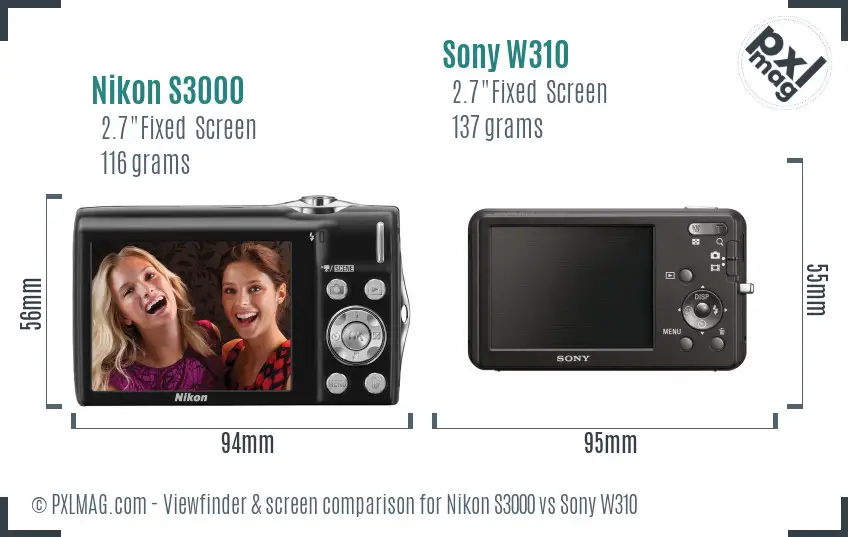 Nikon S3000 vs Sony W310 Screen and Viewfinder comparison