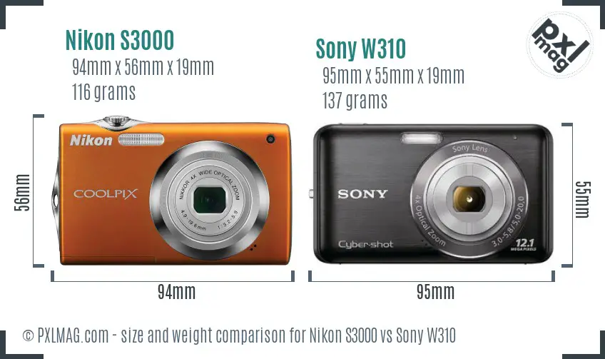 Nikon S3000 vs Sony W310 size comparison