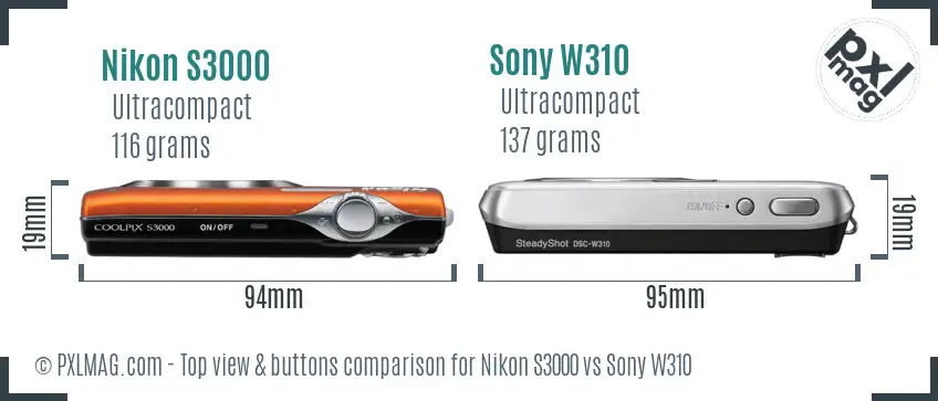 Nikon S3000 vs Sony W310 top view buttons comparison
