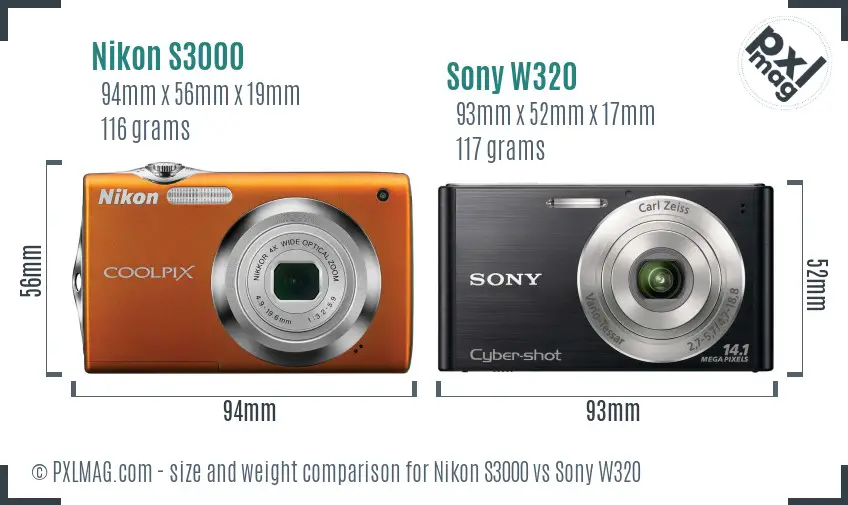 Nikon S3000 vs Sony W320 size comparison