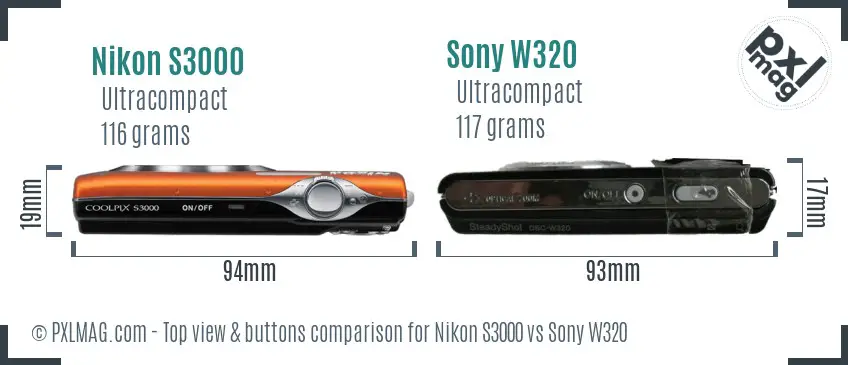 Nikon S3000 vs Sony W320 top view buttons comparison