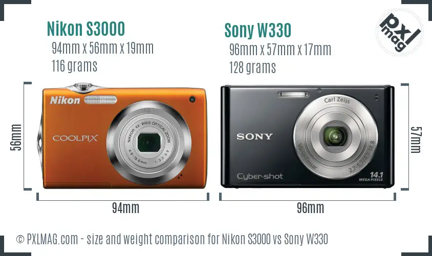 Nikon S3000 vs Sony W330 size comparison