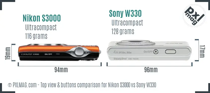 Nikon S3000 vs Sony W330 top view buttons comparison