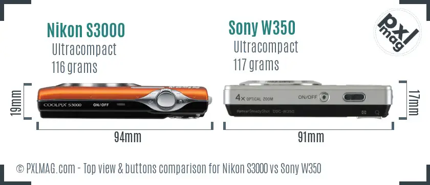 Nikon S3000 vs Sony W350 top view buttons comparison Nikon S3000 vs Sony W350 top view buttons comparison