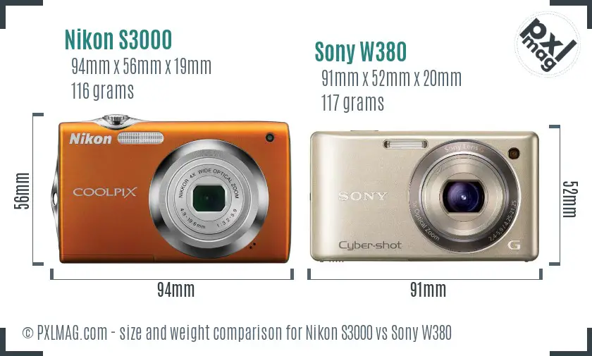 Nikon S3000 vs Sony W380 size comparison