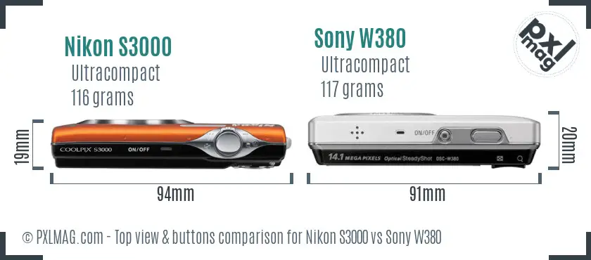 Nikon S3000 vs Sony W380 top view buttons comparison