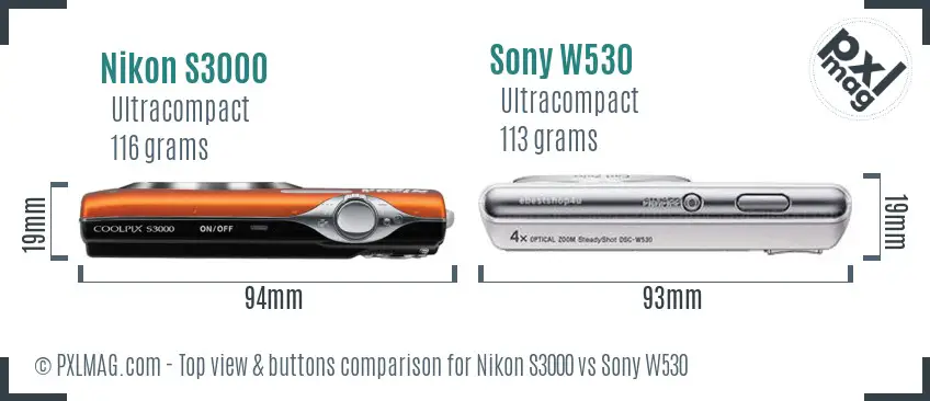 Nikon S3000 vs Sony W530 top view buttons comparison Nikon S3000 vs Sony W530 top view buttons comparison