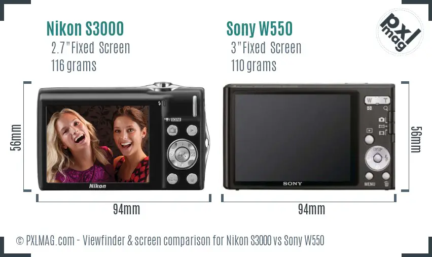 Nikon S3000 vs Sony W550 Screen and Viewfinder comparison