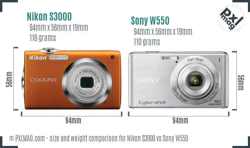 Nikon S3000 vs Sony W550 size comparison