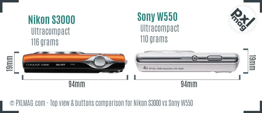 Nikon S3000 vs Sony W550 top view buttons comparison
