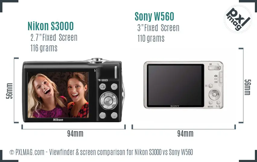 Nikon S3000 vs Sony W560 Screen and Viewfinder comparison